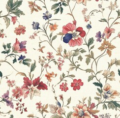 vintage-inspired floral pattern with intricate details, featuring an array of flowers in soft pastel colors