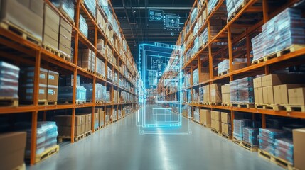 Smart warehouse management system using augmented reality technology to identify package picking and delivery . Future concept of supply chain and logistic business