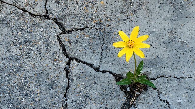 Resilient Beauty: Bright Yellow Flower Blooming in Cracks of Concrete Pavement