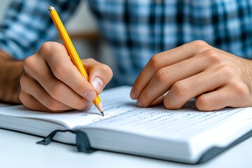 A close-up of hands writing in a notebook, with a pencil jotting down notes from a textbook