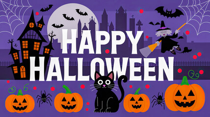 Haunted House, Happy Halloween, celebration pumpkin, ghost, bats and spooky black cats. with Text, Full Moon spooky night mysterious forest darkness scene background.