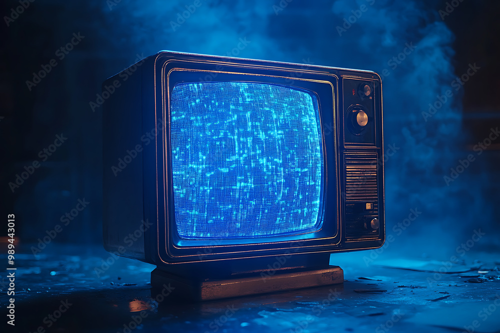 Poster retro old tv at wireframe plexus style on blue background
