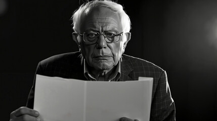 A man in a suit and glasses reading a piece of paper