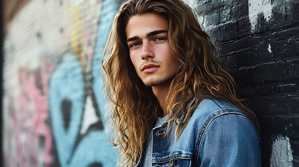 Naklejka premium Urban Style - Young Man with Long Wavy Hair in Denim Jacket Posing Against Graffiti Wall
