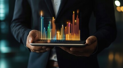 A businessman holds a tablet with a glowing graph, representing financial growth.