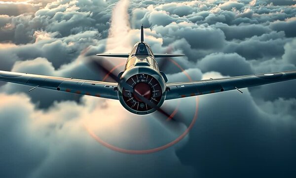 A small propeller plane is flying through a cloudy sky 4K Video