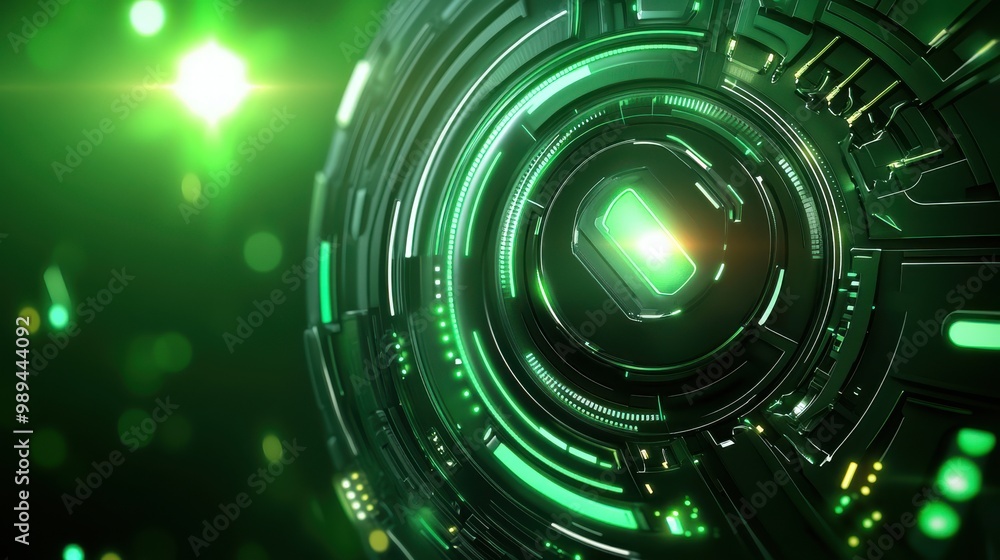 Poster green sci-fi backdrop with neon effects and complex patterns, ideal for an innovative and imaginativ