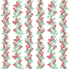 Red berries and green leaves arranged in a seamless pattern. Cranberry or lingonberry clipart. This watercolor illustration is ideal for stationery, holiday cards, and product packaging