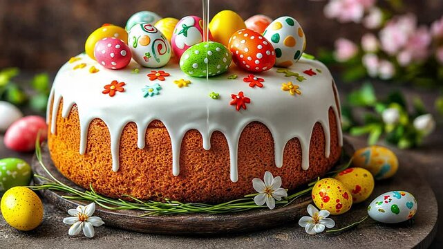 This delightful cake showcases a festive design perfect for Easter, adorned with colorful eggs and flowers, embodying the spirit of spring celebrations.