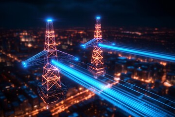 Fototapeta premium A futuristic energy grid with floating, transparent power lines, transmitting energy through glowing blue beams across a high-tech cityscape