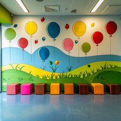 a wall of a kinderegarten class, colorfull, with balloons, colorful puffs