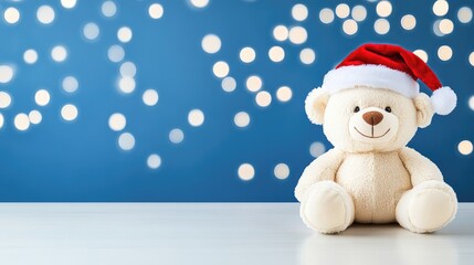 Fototapeta premium A cozy Christmas setting with a teddy bear, festive decorations, and a blank frame waiting for cherished memories
