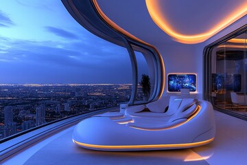 A futuristic luxury penthouse, with sleek glass walls, holographic controls, and furniture that adjusts shape based on the userâ€™s preferences