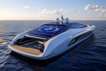 A futuristic luxury yacht, with solar-powered engines, fully automated systems, and a holographic control panel for entertainment and navigation