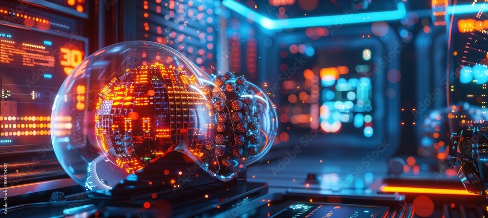 Poster futuristic cornucopia of advanced tech components in a high-tech environment with neon lights