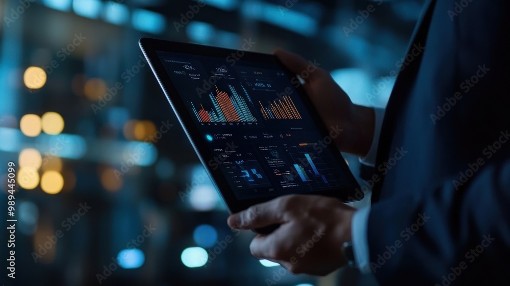 Poster a businessman in a suit holds a tablet with charts and graphs displayed on the screen. the backgroun