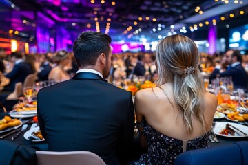 Obraz premium A gala dinner with guests dressed in formal attire, sitting at elegantly decorated tables and enjoying gourmet food