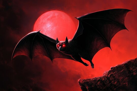 A giant bat with glowing red eyes swooping down from a shadowy cliff under a crimson moon, in a bat fantasy artwork illustration
