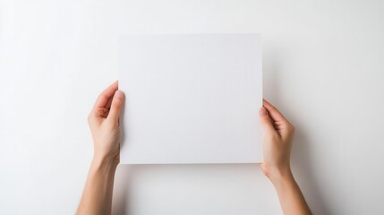 Obraz premium hands holding blank sheet of white a4 paper isolated on white product photography