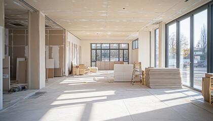 Empty room with building materials and large windows during renovation