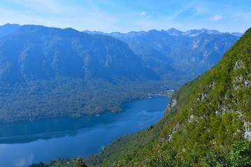 View of Bohinj lake and mountains in Julian alps in Gorenjska, Slovenia