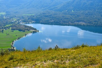 View of Bohinj lake from Vogar viewpoint in Gorenjska, Slovenia