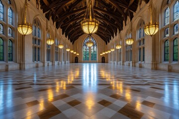 A grand hall in a magical school, where students study from ancient scrolls and practice mystical arts under enchanted chandeliers