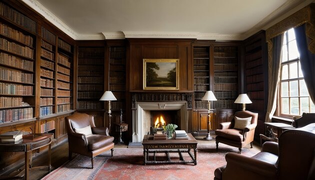 library created manor traditional english  library traditional manor mahogany fireplace generative ai interior room table hotel window home house furniture chair architecture wood design inside
