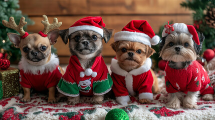 Small dogs in Christmas-themed costumes, including Santa hats and elf outfits, gathered together in a festive setting with Christmas lights
