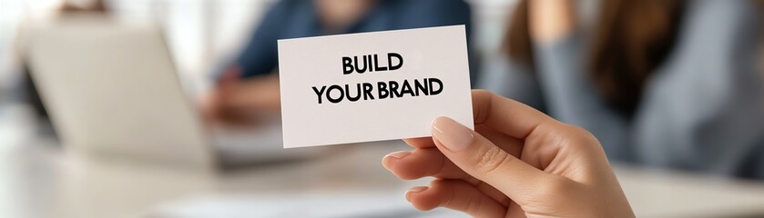 Close-up of a hand holding a card with 'Build Your Brand' text, emphasizing business growth and branding strategies.