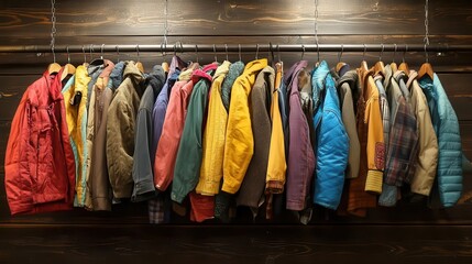 heartwarming coat drive display with gently used jackets on rustic wooden hangers soft inviting lighting highlighting varied textures and colors emphasizes community spirit and giving
