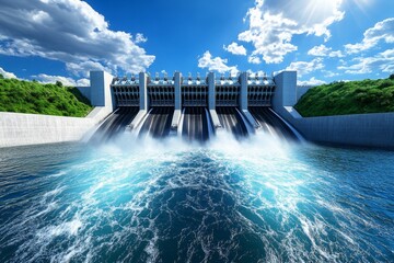 A hydroelectric dam, with water rushing through the turbines, generating power from natural resources