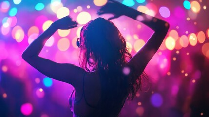 A woman dancing at a party with colorful lights.