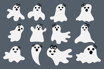 Cute ghost and black bow Halloween set. Vector illustration.