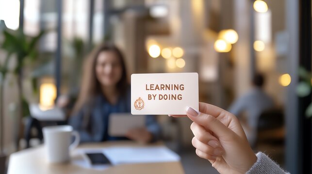 Hand holding a card with 'Learning by Doing' text in a modern office environment, emphasizing experiential learning methods.