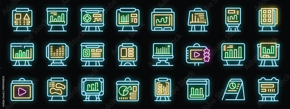 Poster neon signs of different types of flip charts with graphs and charts for business presentations