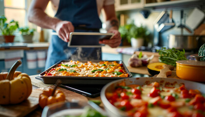 A man in an apron using a tablet computer in a kitchen