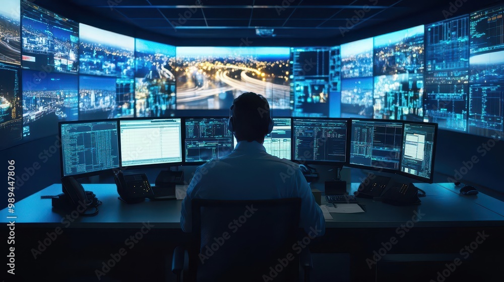 Poster hightech 911 emergency response center police officer operating advanced monitoring systems multiple
