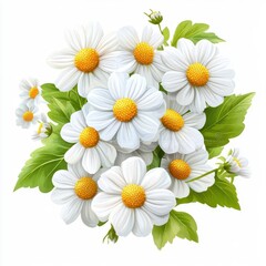 Fototapeta premium A vibrant bouquet of white daisies, showcasing fresh blooms surrounded by lush green leaves for a cheerful, natural decoration, white background