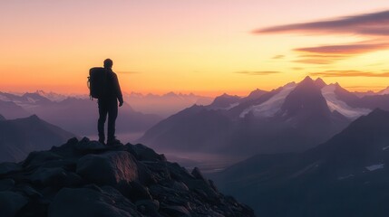 Fototapeta premium hiker standing on mountain summit at sunset silhouetted against breathtaking valley landscape adventure photography