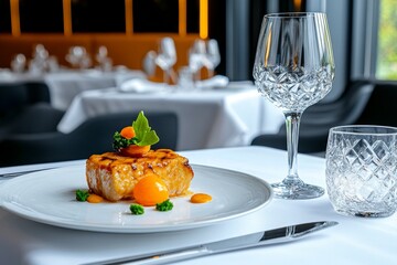 A luxury dining experience at a high-end restaurant, with gourmet dishes elegantly plated and crystal glassware on the table