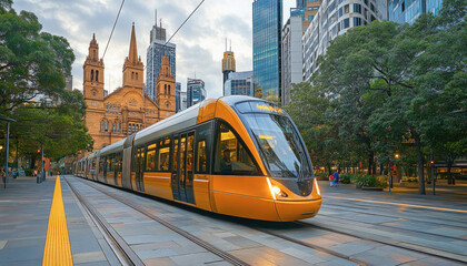 Fototapeta premium Modern tram passing by st andrews cathedral in sydney