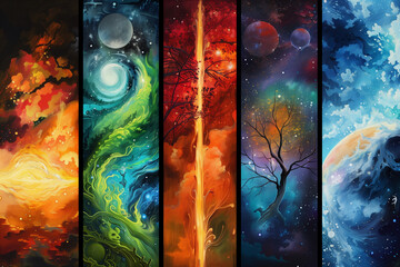 Five elements of nature air water fire earth space creation of natures force



