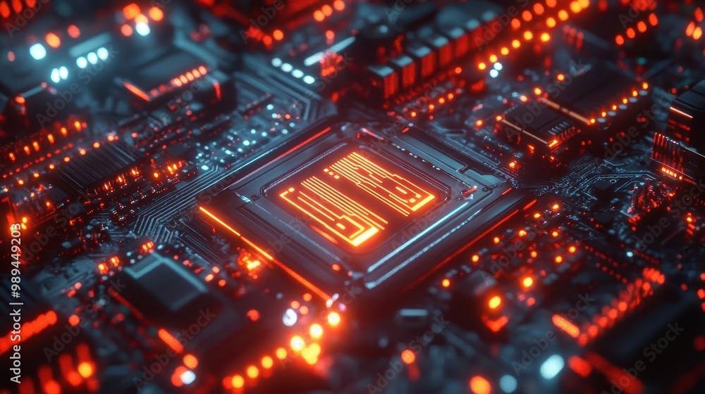 Poster hyperdetailed closeup of a futuristic processor featuring intricate circuitry pulsing with neon ener