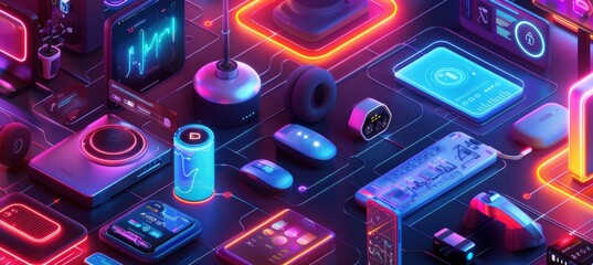 Vibrant Neon Cyber Monday Banner for Tech Store Featuring Smart Home Devices and Gadgets