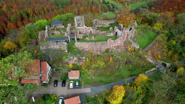 Aerial view ruins of old castle. Ruin of Hohnstein Castle, Harz mountains, Germany.