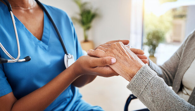dottore infermiere che tiene la mano di un anziano paziente 