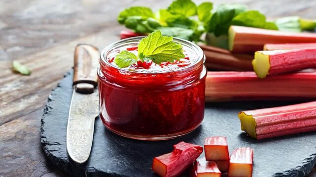 Homemade rhubarb jam in a jar, surrounded by fresh rhubarb stalks and herbs on a rustic wooden table