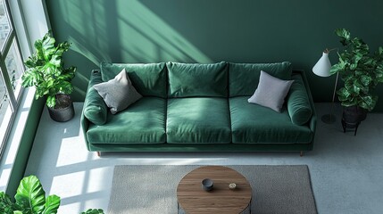 Aerial view of a living room with a green couch and walls