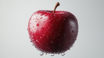 hyperrealistic crimson apple suspended in white void water droplets clinging to its glossy skin capturing perfect symmetry and vivid color contrast